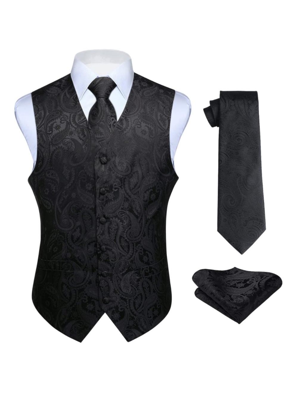 Mens 3-Piece Vest Set Paisley Floral Jacquard Waistcoat Tie Pocket Square Silk